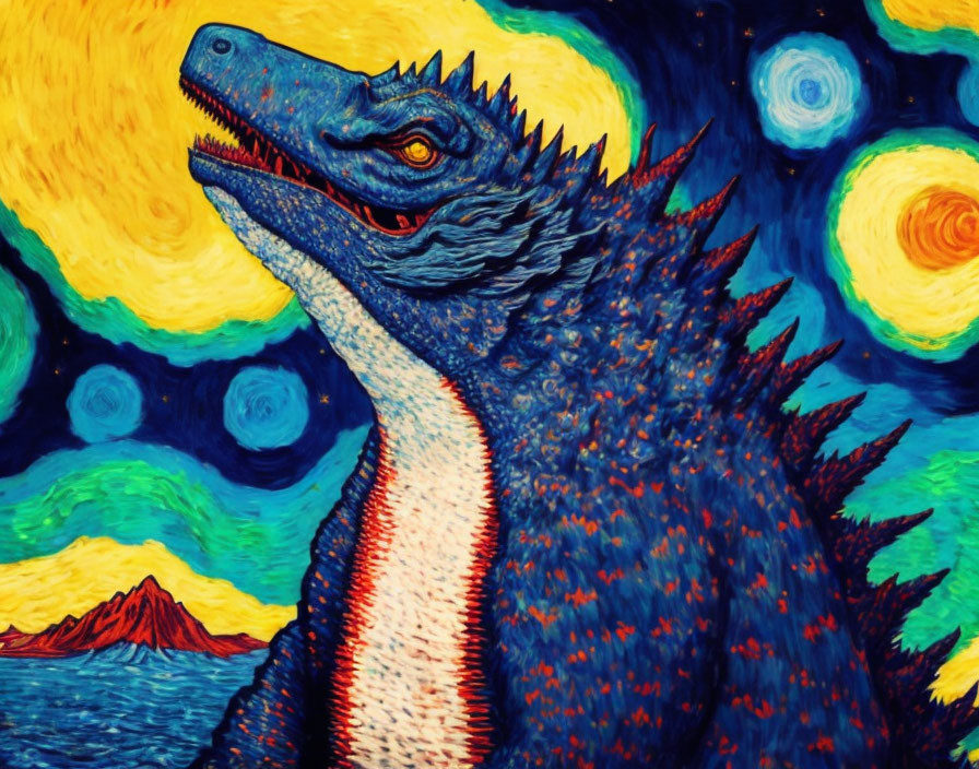 Colorful Godzilla painting with Van Gogh-style starry night background