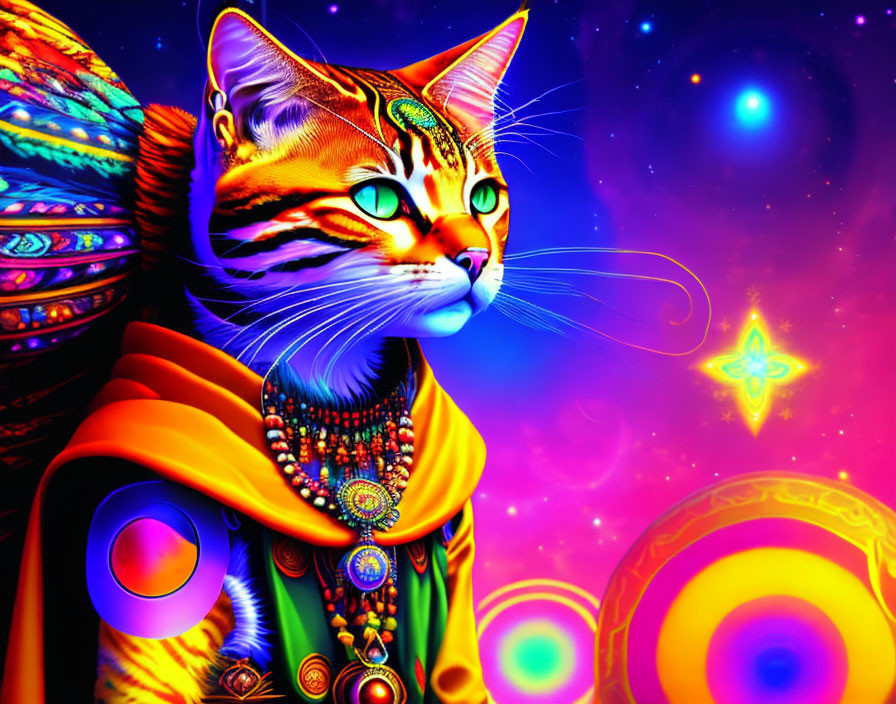 Colorful Stylized Cat with Intricate Patterns and Cosmic Background