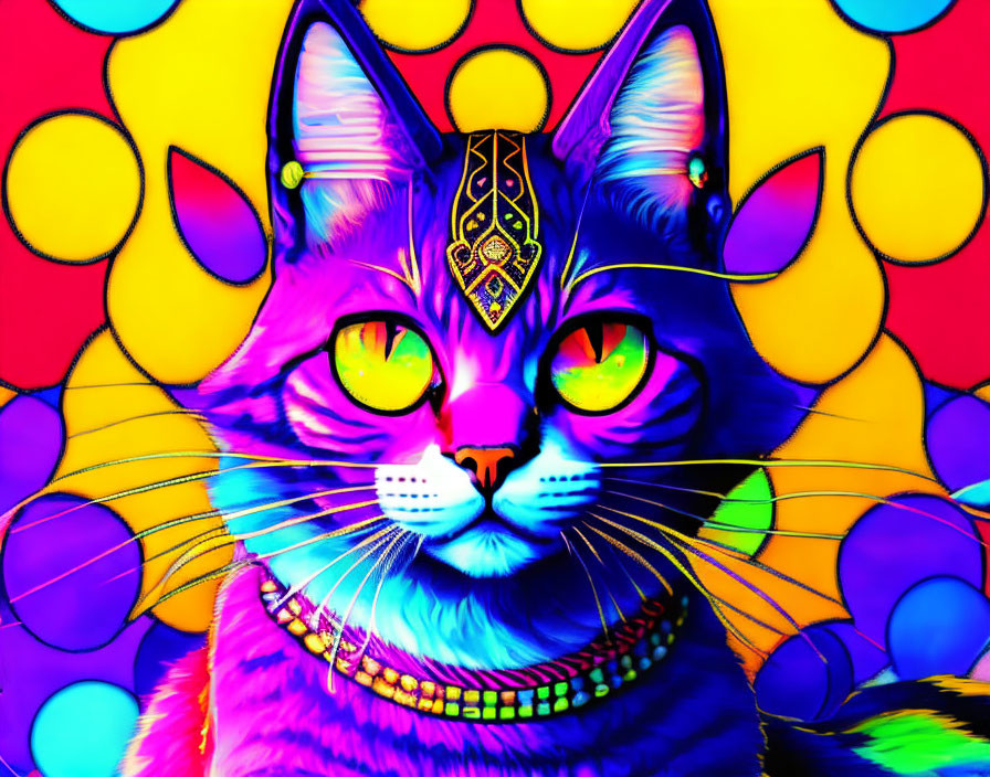 Colorful Psychedelic Cat Art with Yellow Eyes and Bubbles