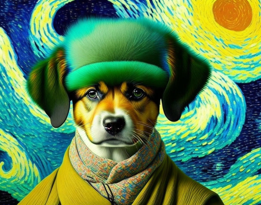 Whimsical dog in green hat and yellow coat against vibrant Van Gogh-inspired backdrop