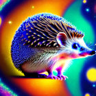 Colorful Hedgehog with Neon Blue Spines on Psychedelic Background