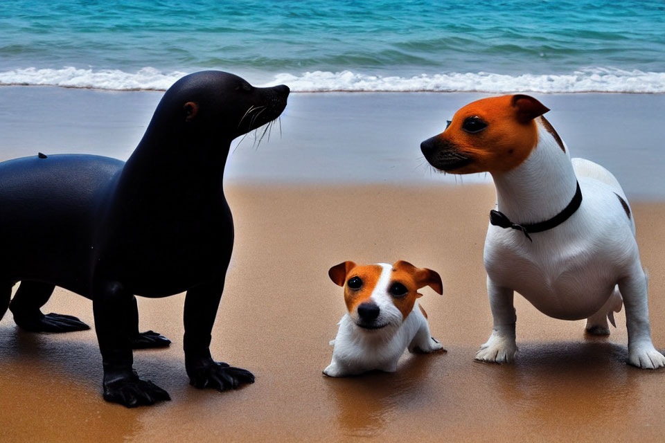 Seal and Two Jack Russell Terriers on Sandy Beach