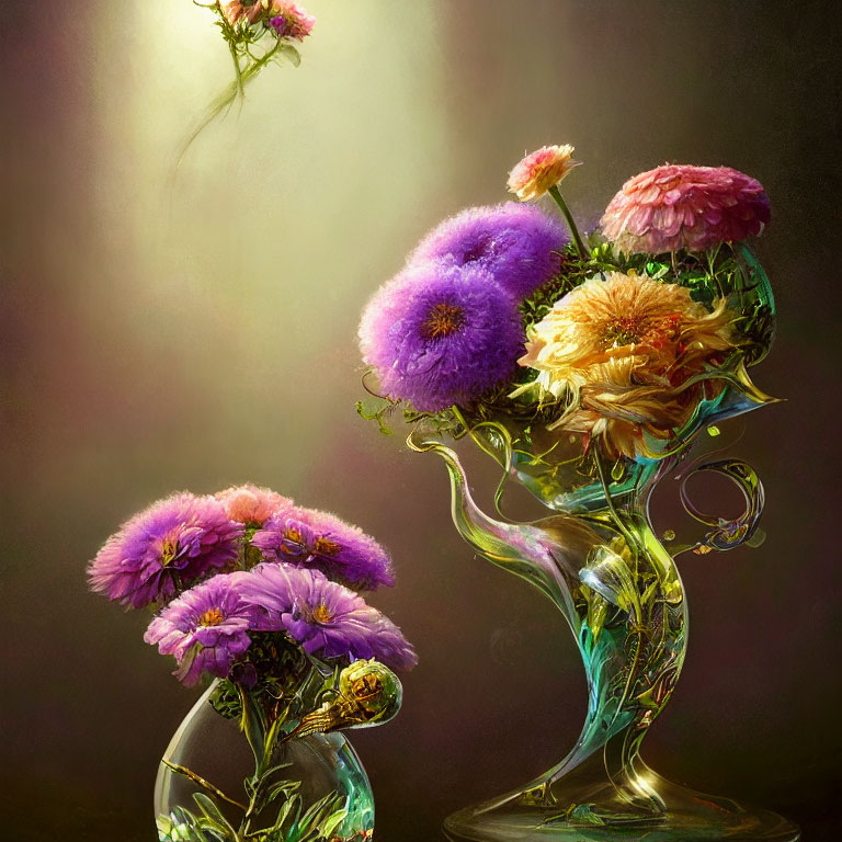 Vibrant digital artwork: oversized flowers in elegant glass vases