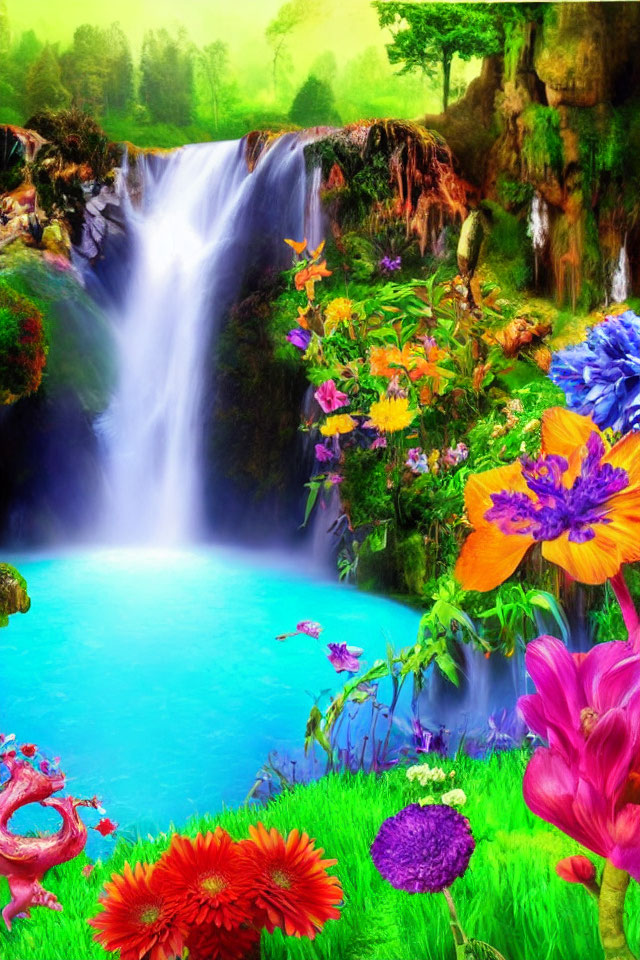 Digitally Enhanced Nature Scene with Waterfall and Flowers