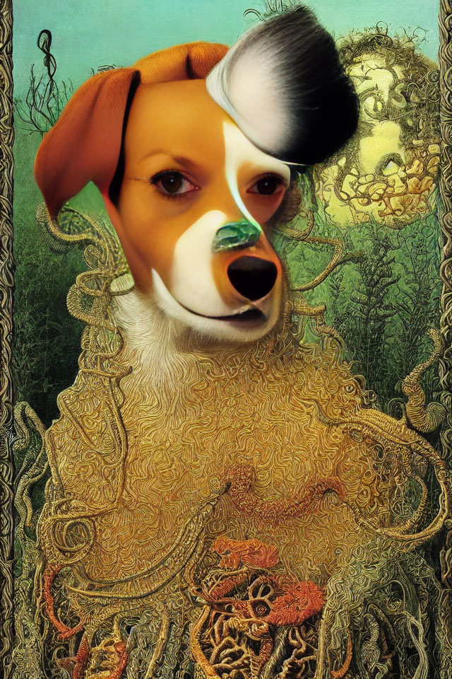 Surreal dog face merged with classic painting elements, intricate patterns, golden greenish background