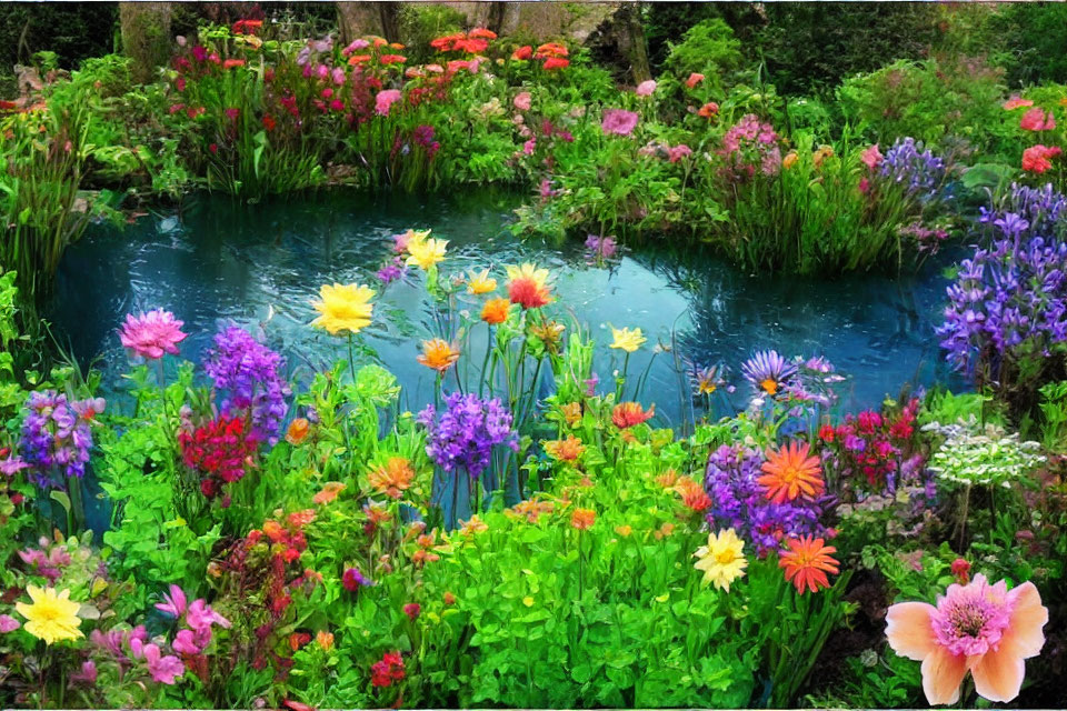 Colorful Flower Garden with Blue Pond and Lush Greenery