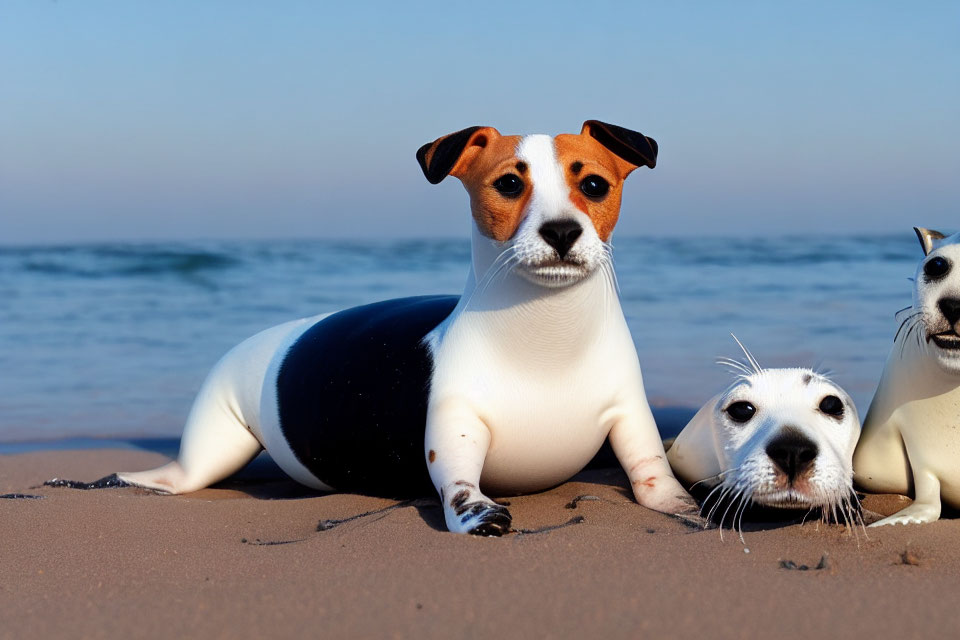 Digital artwork of a dog with a seal's body on a beach.