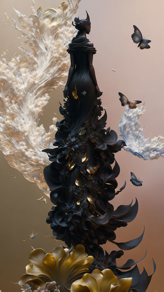 Surreal image of tall black figure with golden highlights and feathers surrounded by butterflies