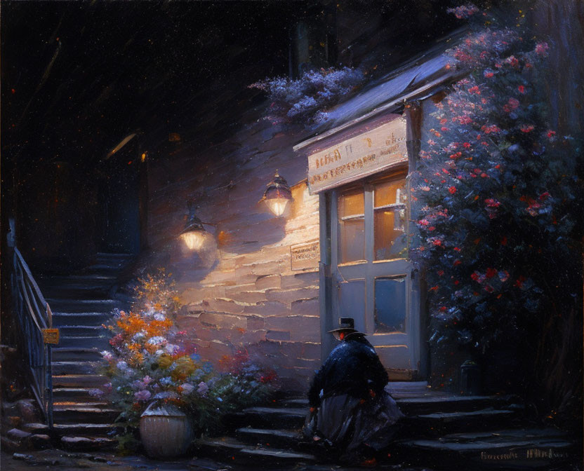 Person sitting by flower-adorned stairway at night under warm lantern light