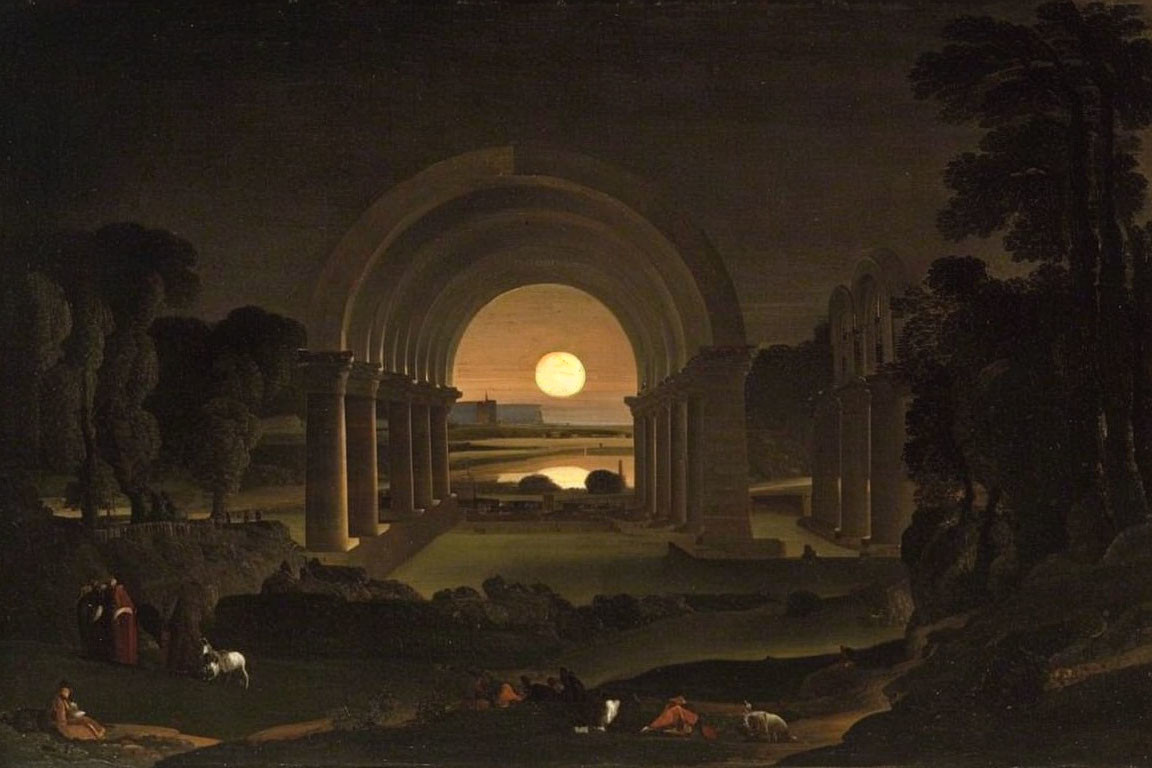 Classical nocturnal landscape painting with arched structure, full moon, sea, figures, and trees