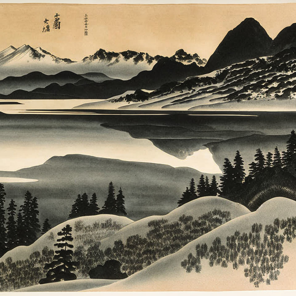 East Asian landscape painting with mountains, water, pine trees, and overlaying text.