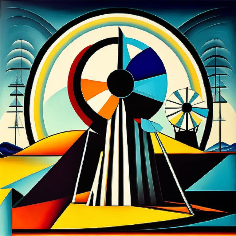 Geometric Abstract Art: Landscape with Hills, Sun, Trees, and Windmills