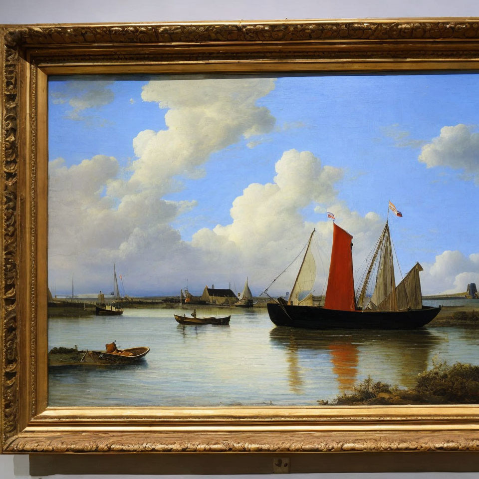 Maritime painting with red-sailed boat on calm sea