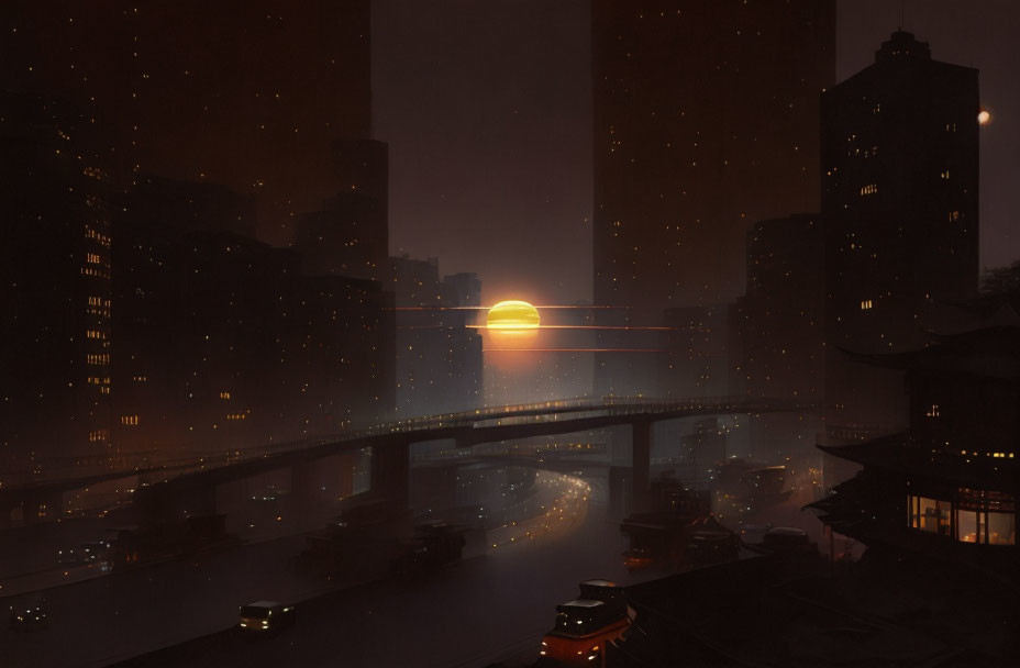 Cyberpunk cityscape at dusk with setting sun, skyscrapers, bridge, boats, and