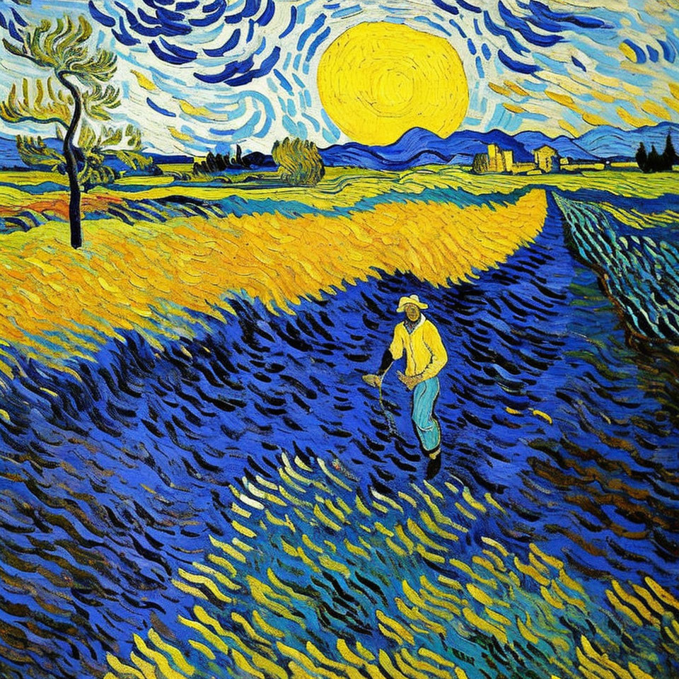 Person walking on swirling blue and yellow path under bright sun and dynamic sky