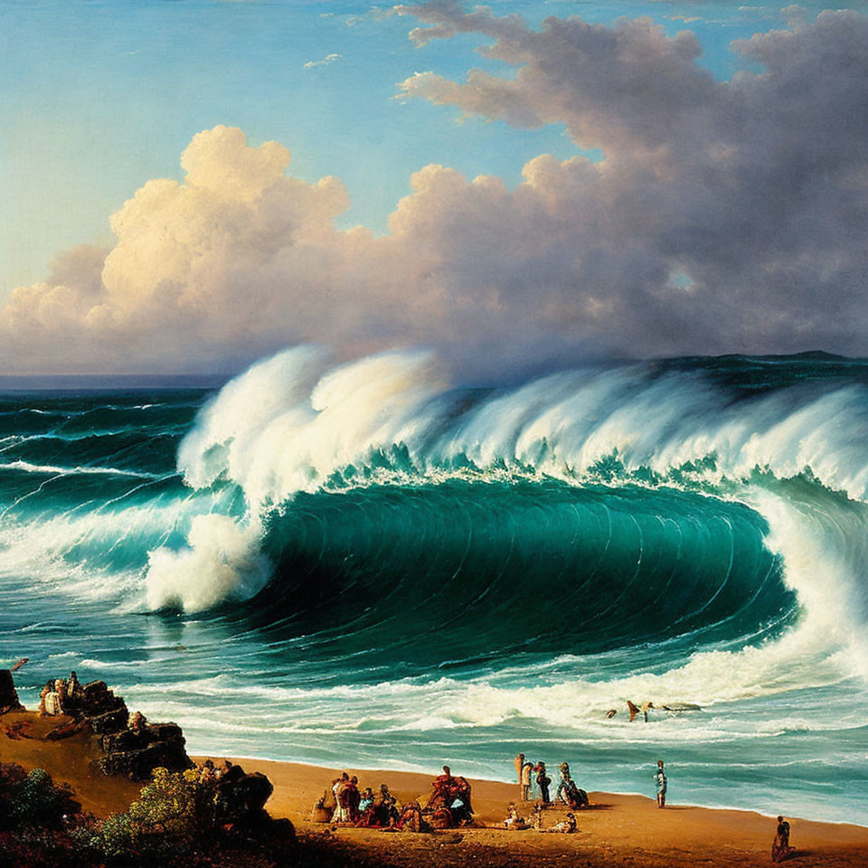 Classic Painting of Turquoise Ocean Waves Crashing Near Shore