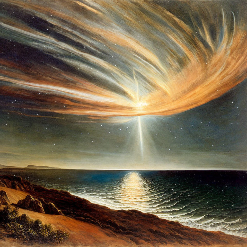 Dramatic Sky Painting with Swirling Clouds and Radiant Light Reflection