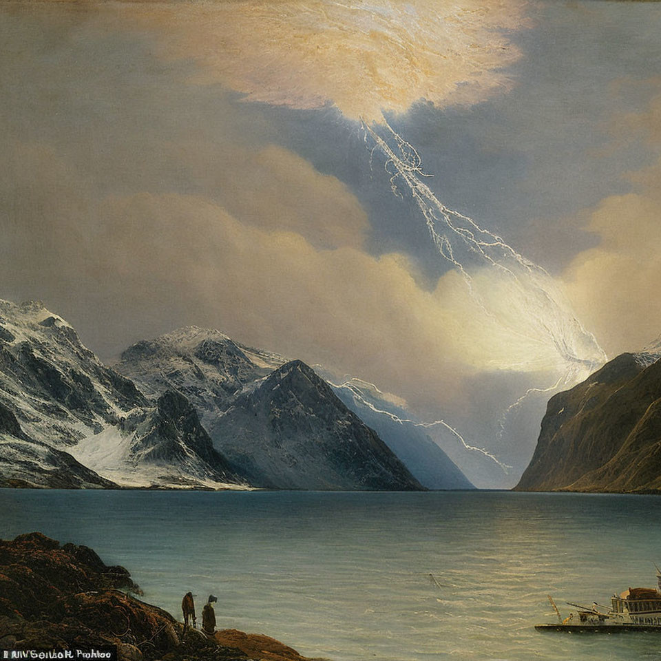 Stormy Seascape: Lightning, Snowy Mountains, Steamship, Figures