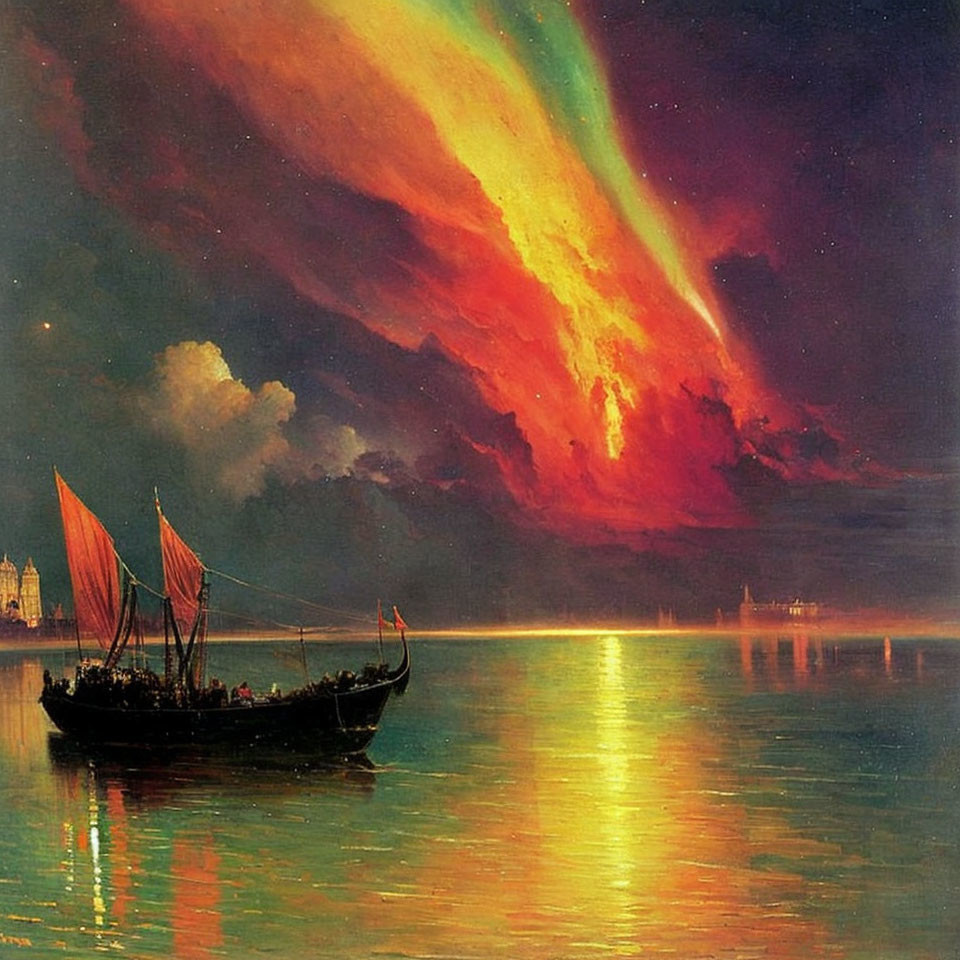 Classic Sailboat Painting with Fiery Sky and City Silhouettes