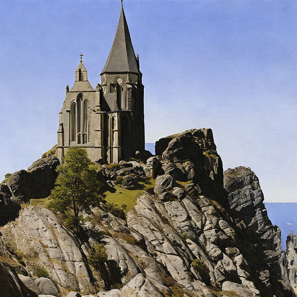 Gothic-style church on rugged cliffs under clear blue sky