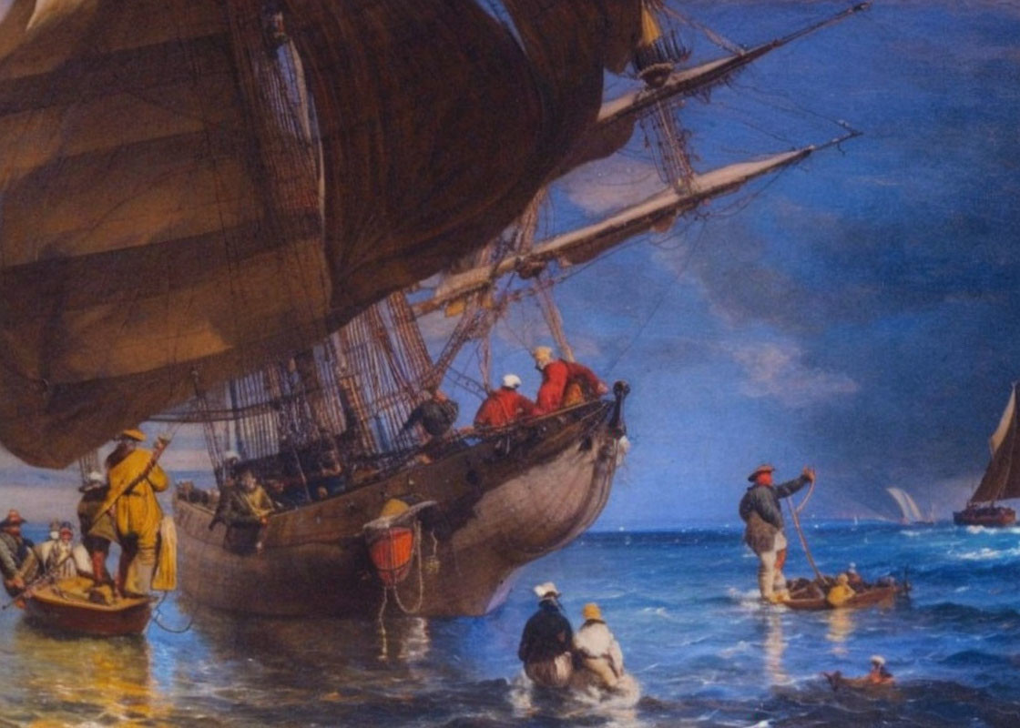 Maritime painting of tall ship, sailors, and boats on vivid ocean.