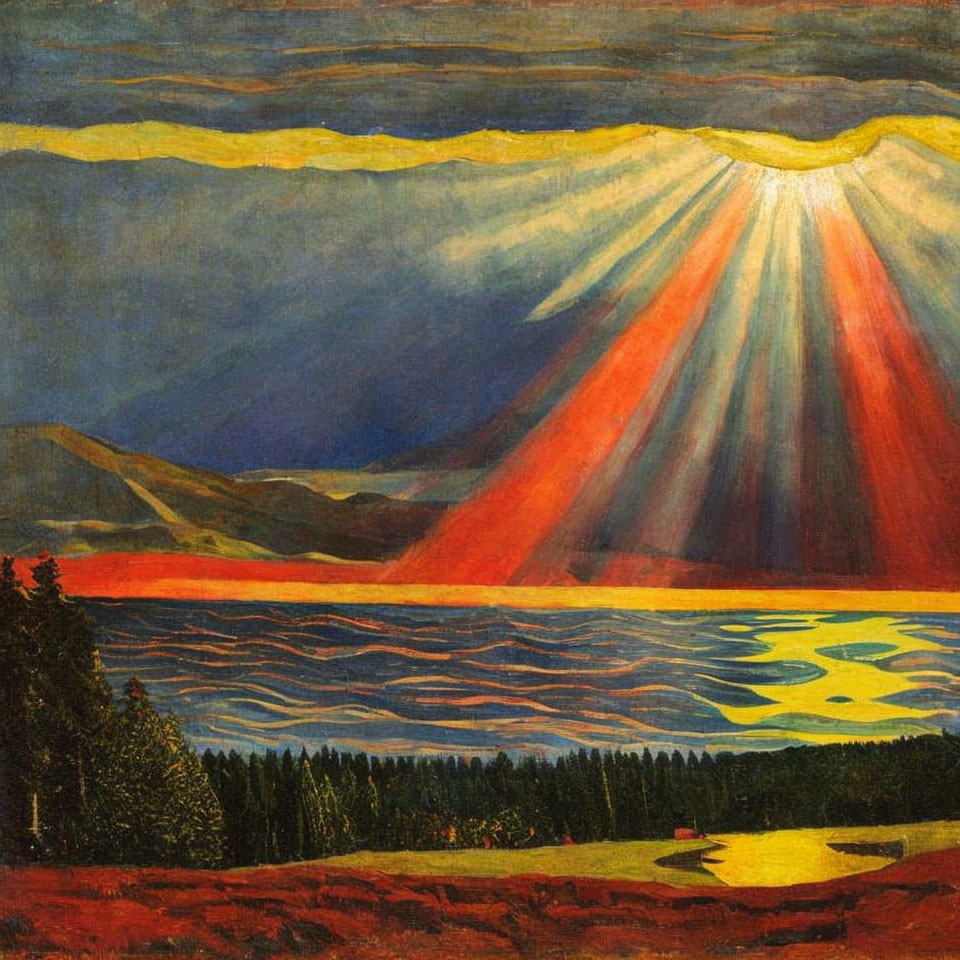 Mountain painting with radiant light beams over landscape