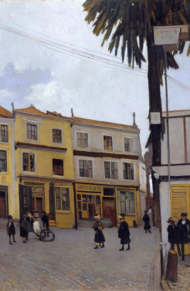 Street scene painting with "Café de la Gare" yellow building, palm tree, and