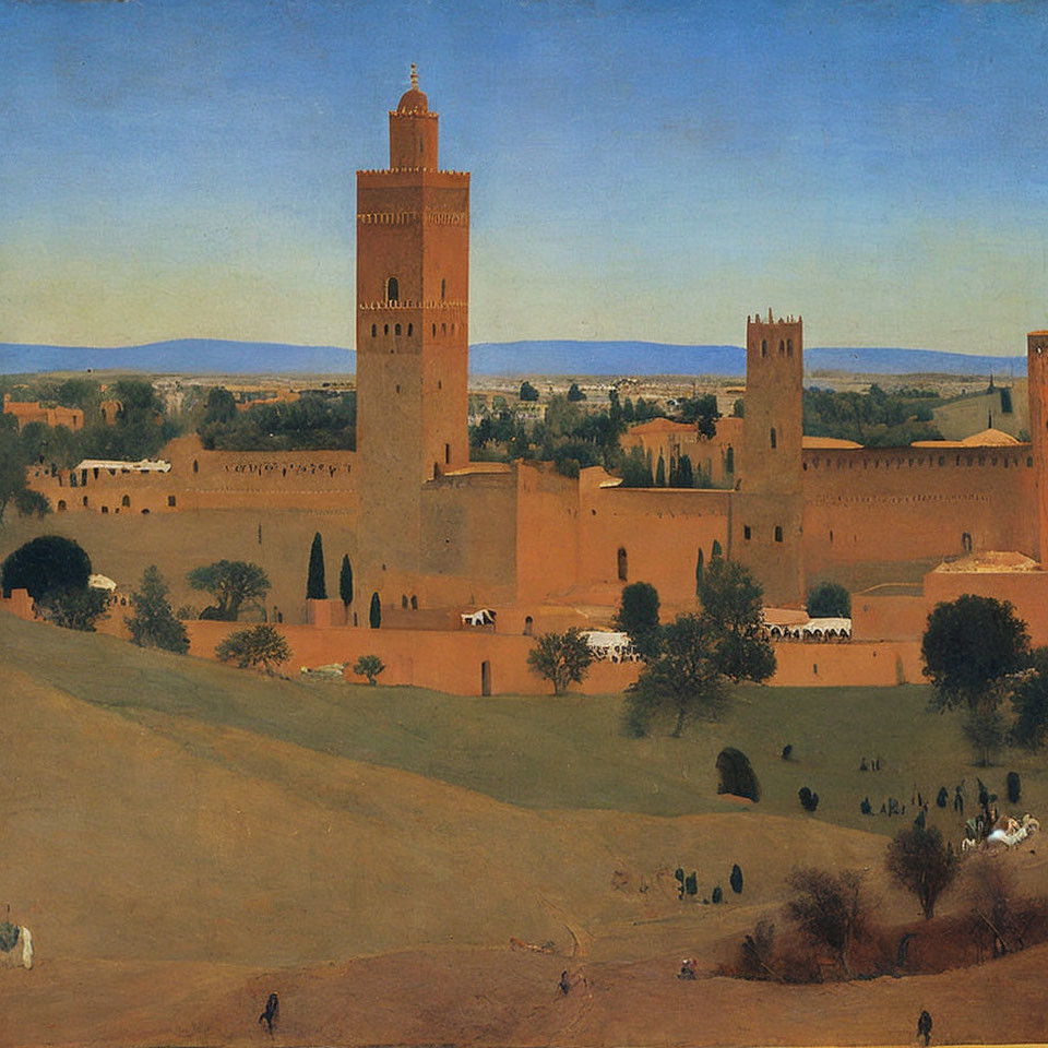 Oil painting of Koutoubia Mosque in Marrakesh with minaret and fortress-like walls in