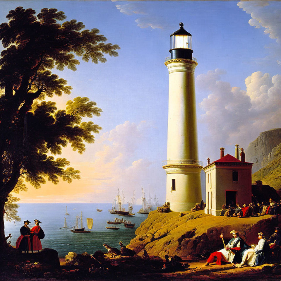 Historical coastal painting with lighthouse, ships & period figures