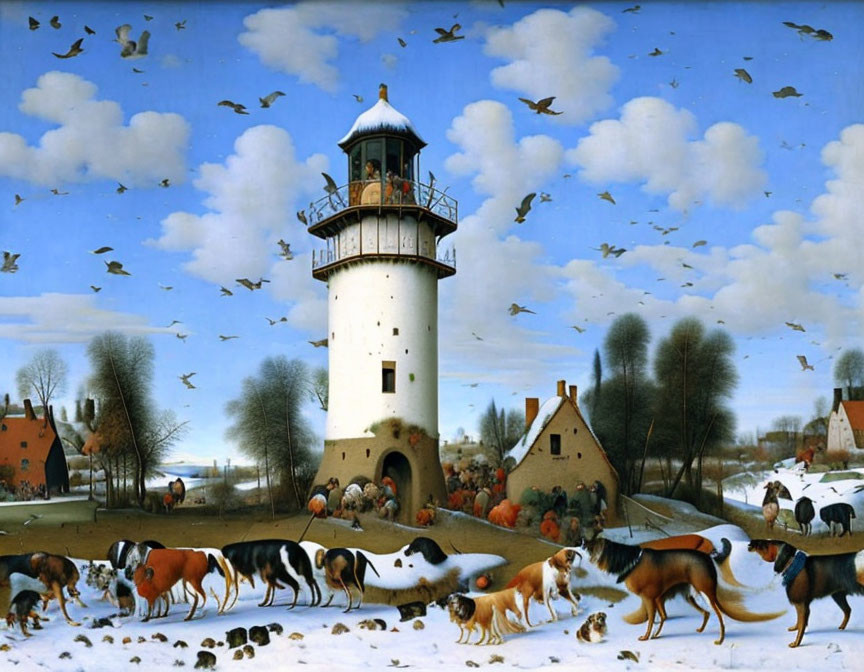 Rural landscape with lighthouse, wildlife, and figures under clear sky