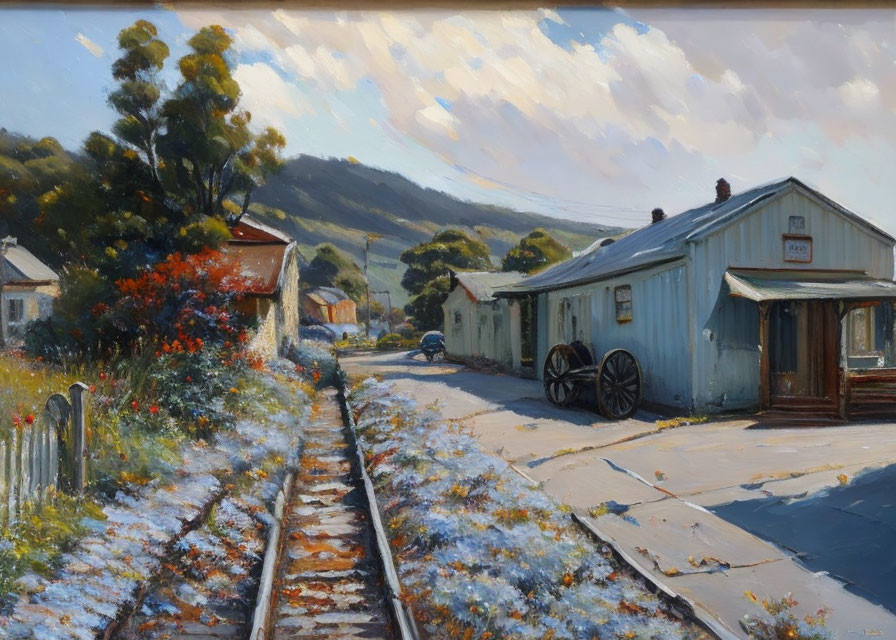 Serene village scene with rustic railway track and vintage cart