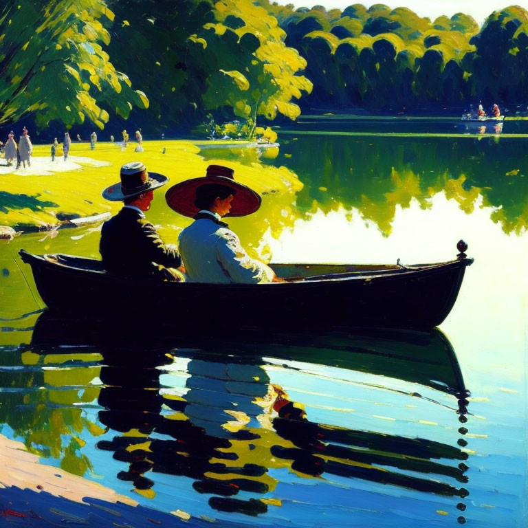 Two People Boating on Sunny Day with Green Trees and Water Reflections