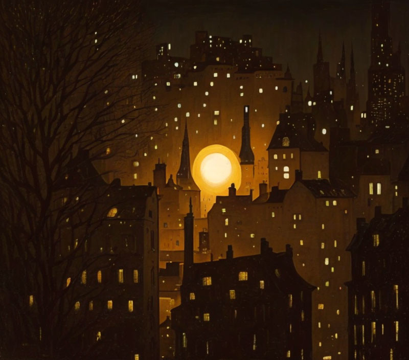 Nocturnal cityscape with glowing windows, full moon, buildings, and bare tree