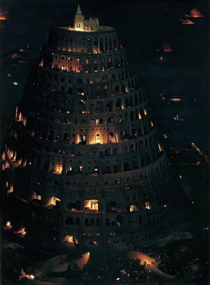 Nighttime painting of Tower of Babel with illuminated windows and boats on water