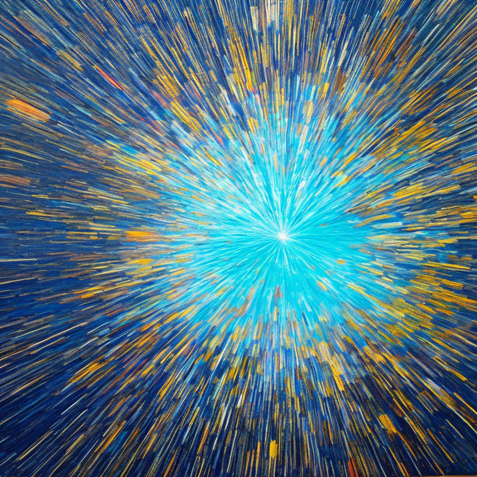 Abstract Painting: Radiant Burst of Light with Blue and Yellow Streaks