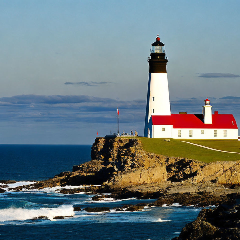 Black and white lighthouse on cliff overlooking rough sea with red-roofed building