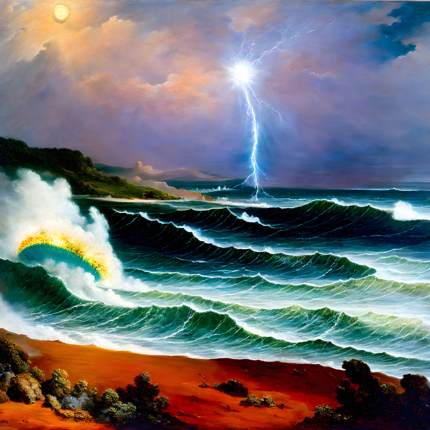 Dramatic ocean storm painting with lightning, glowing sunset, and sandy beach