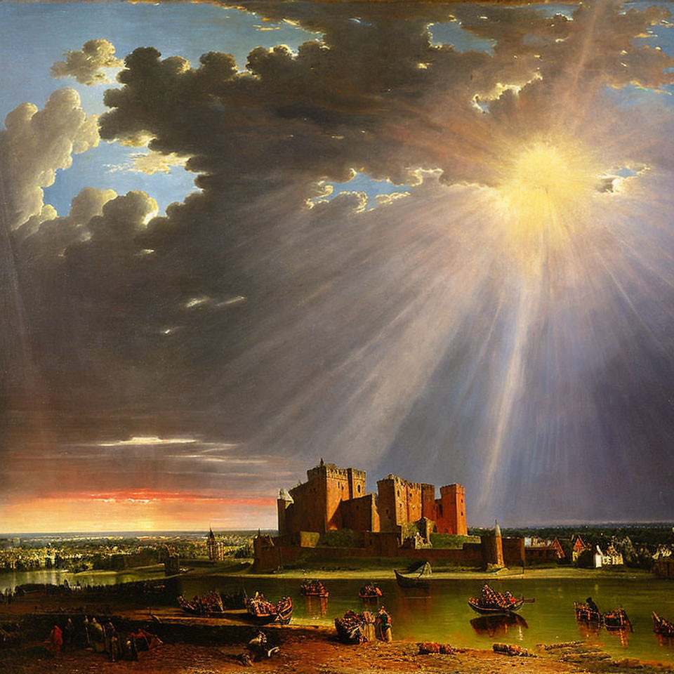 Classical painting: Sunburst over castle by river