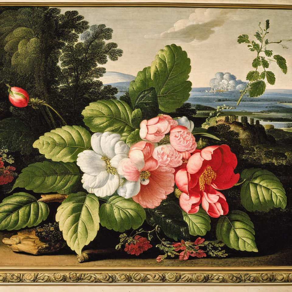 Classic Painting: Pink and White Flowers in Serene Landscape