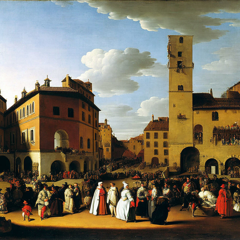 Historical town square painting with period attire and tall tower