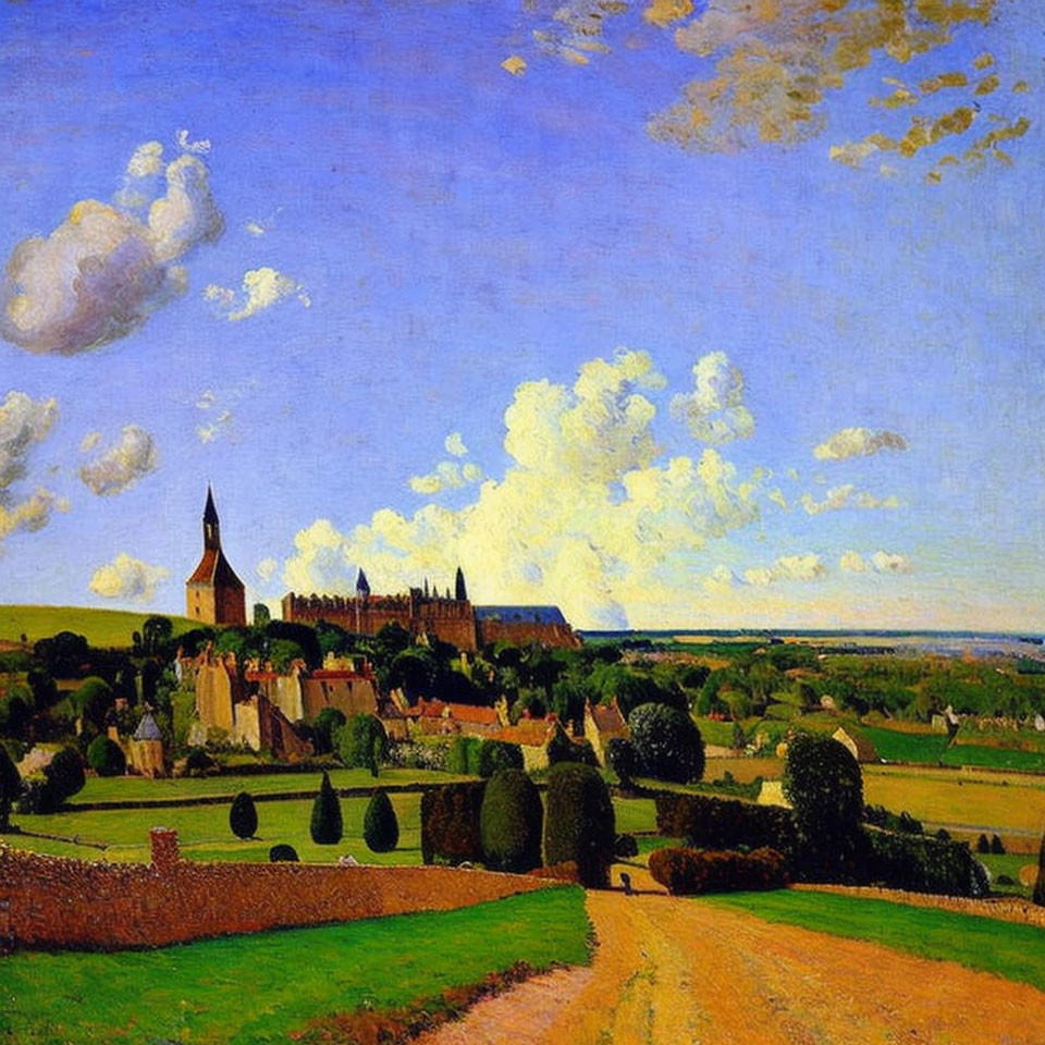 Colorful rural landscape painting with church, buildings, fields, and blue sky.