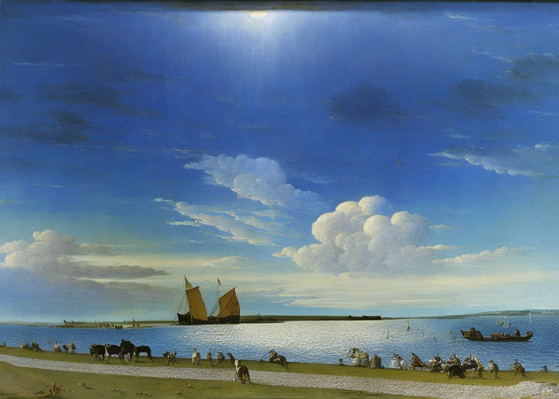 17th-Century Dutch Seascape Painting with Ships, Cloudy Skies, and Beach Figures