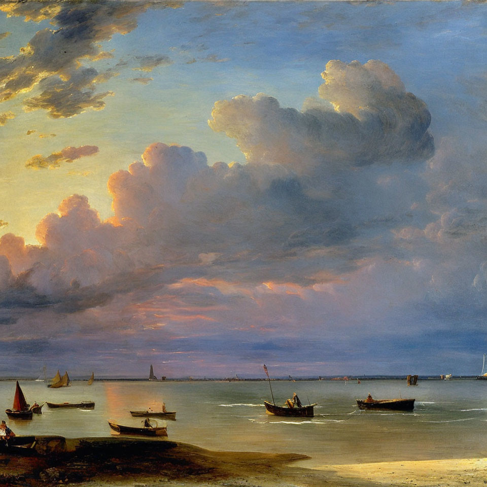 Tranquil sunset seascape with cumulus clouds and sailing boats