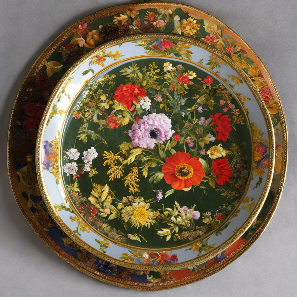 Porcelain plate with vibrant flower bouquet and gold trim