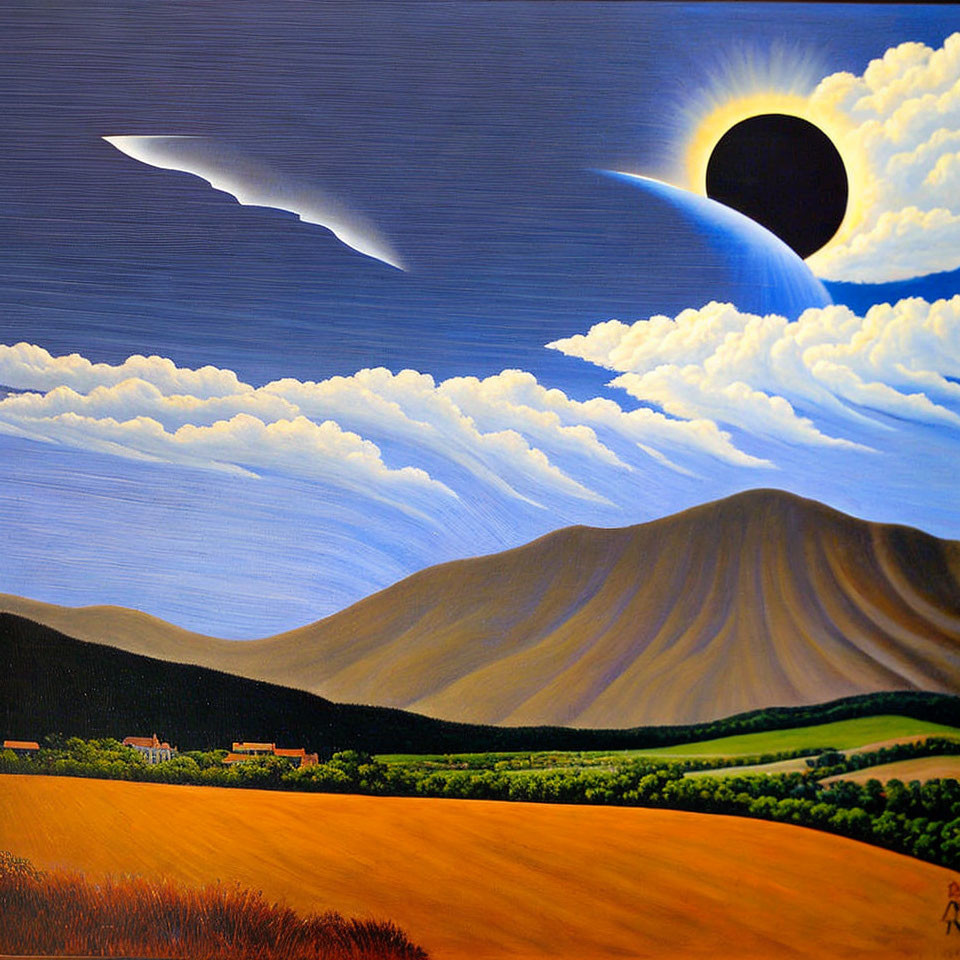 Rural landscape painting: solar eclipse, mountain, cloudy sky, field, settlement