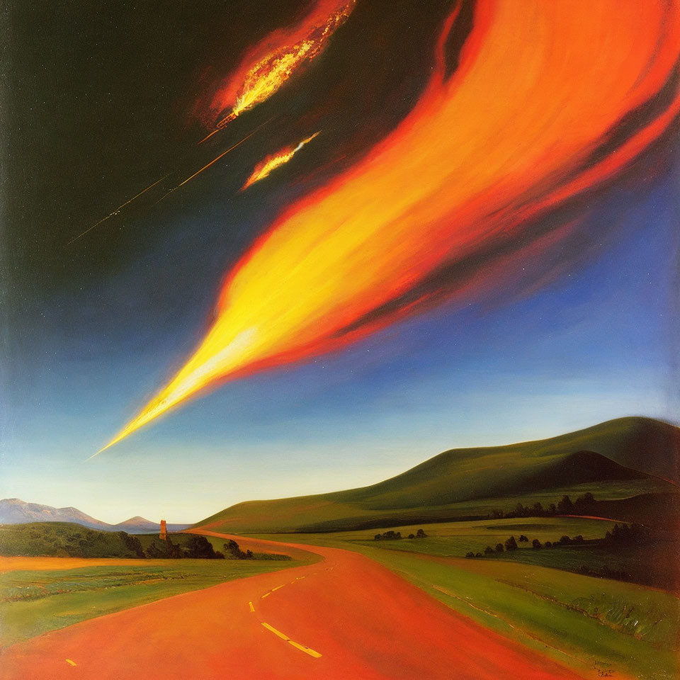 Dynamic sky with fiery comet over serene landscape and road.