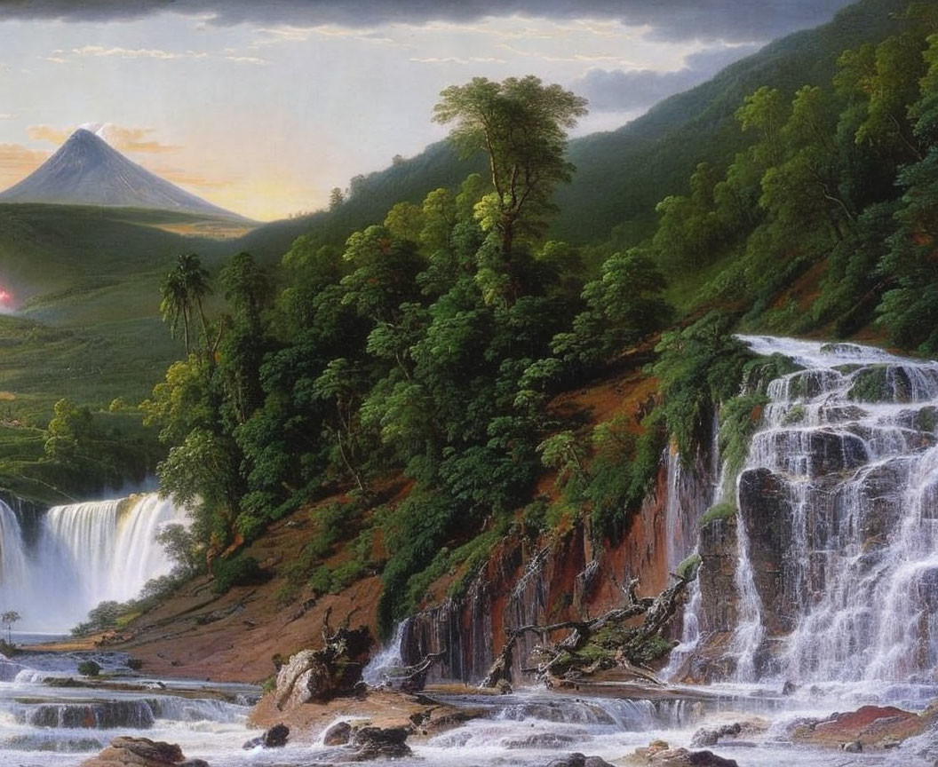 Scenic landscape with waterfall, trees, and volcanic mountain at dawn/dusk