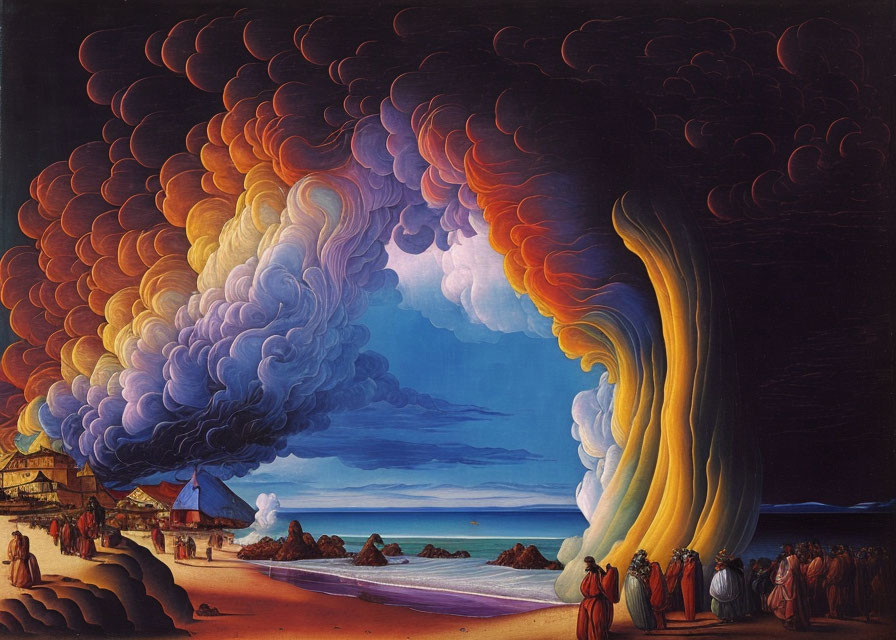 Seascape painting: Swirling fiery clouds over serene sea.