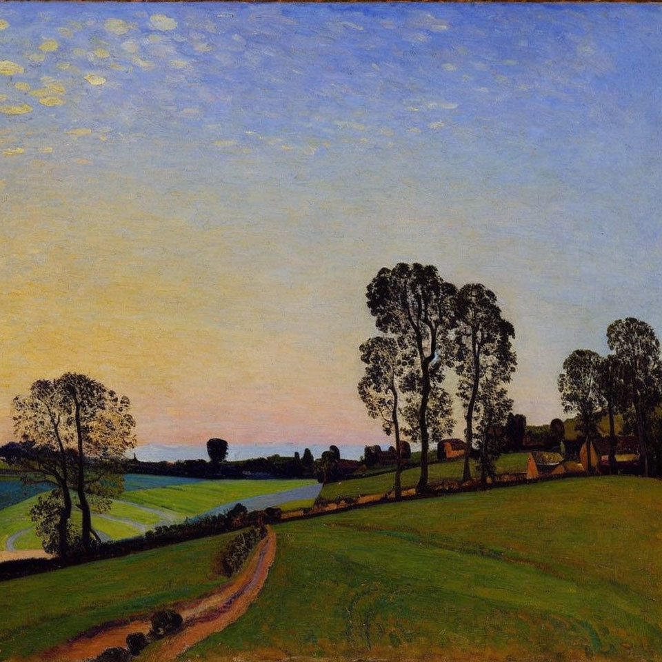 Impressionist landscape painting with winding path, trees, twilight sky, serene fields