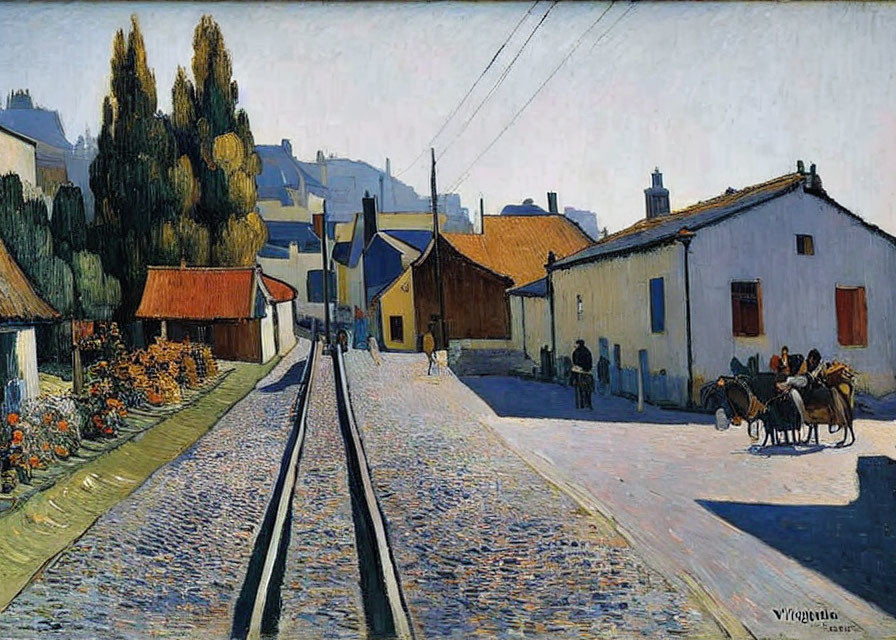 Vibrant street scene with houses, cart, and tram lines in early 20th-century style